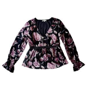 Willow & Clay Black and Pink Floral Velvet Long Sleeve Blouse Size Small